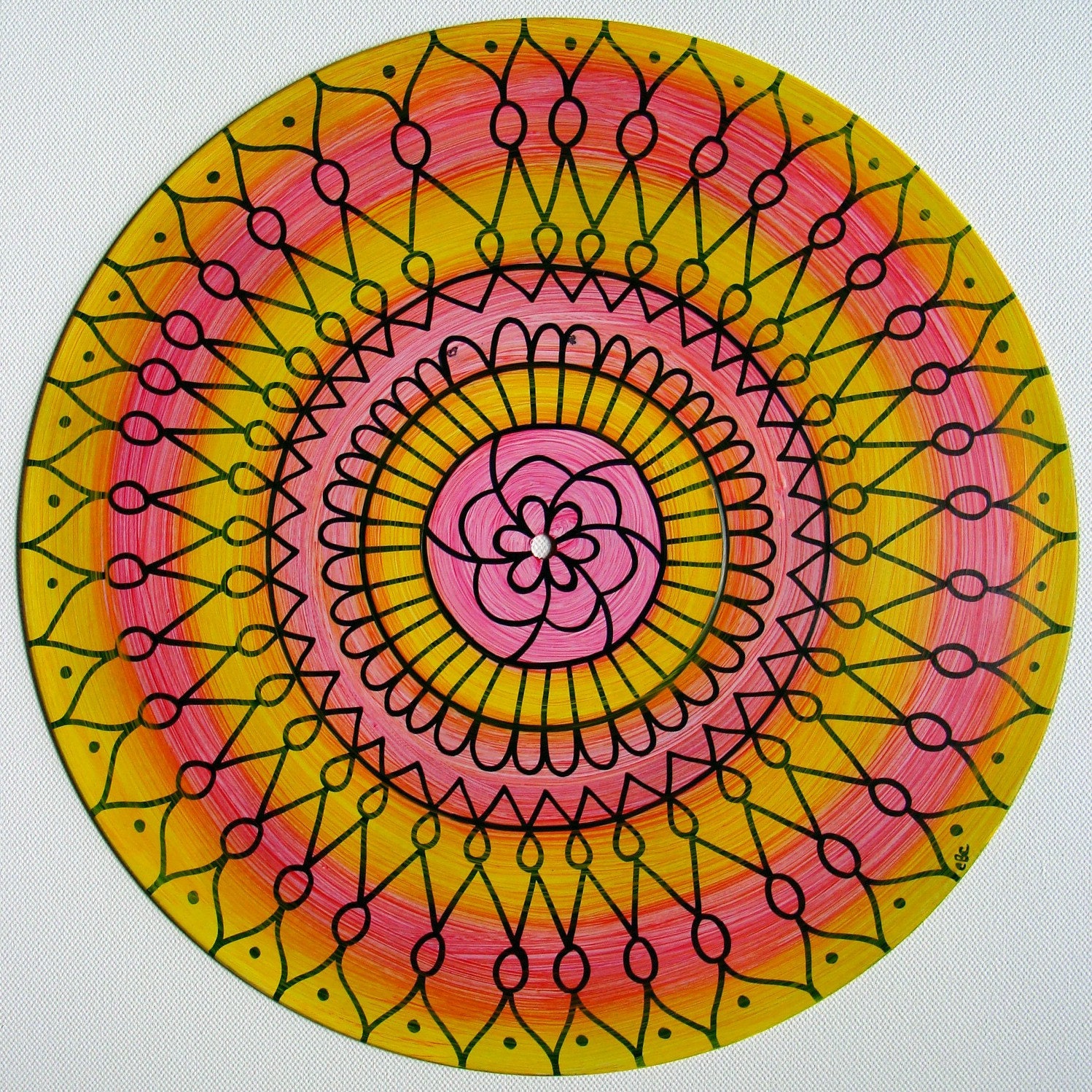 Cotton Candy Turntable Art. Pink and Yellow Geometric Mandala Painting on Recycled Vinyl Record