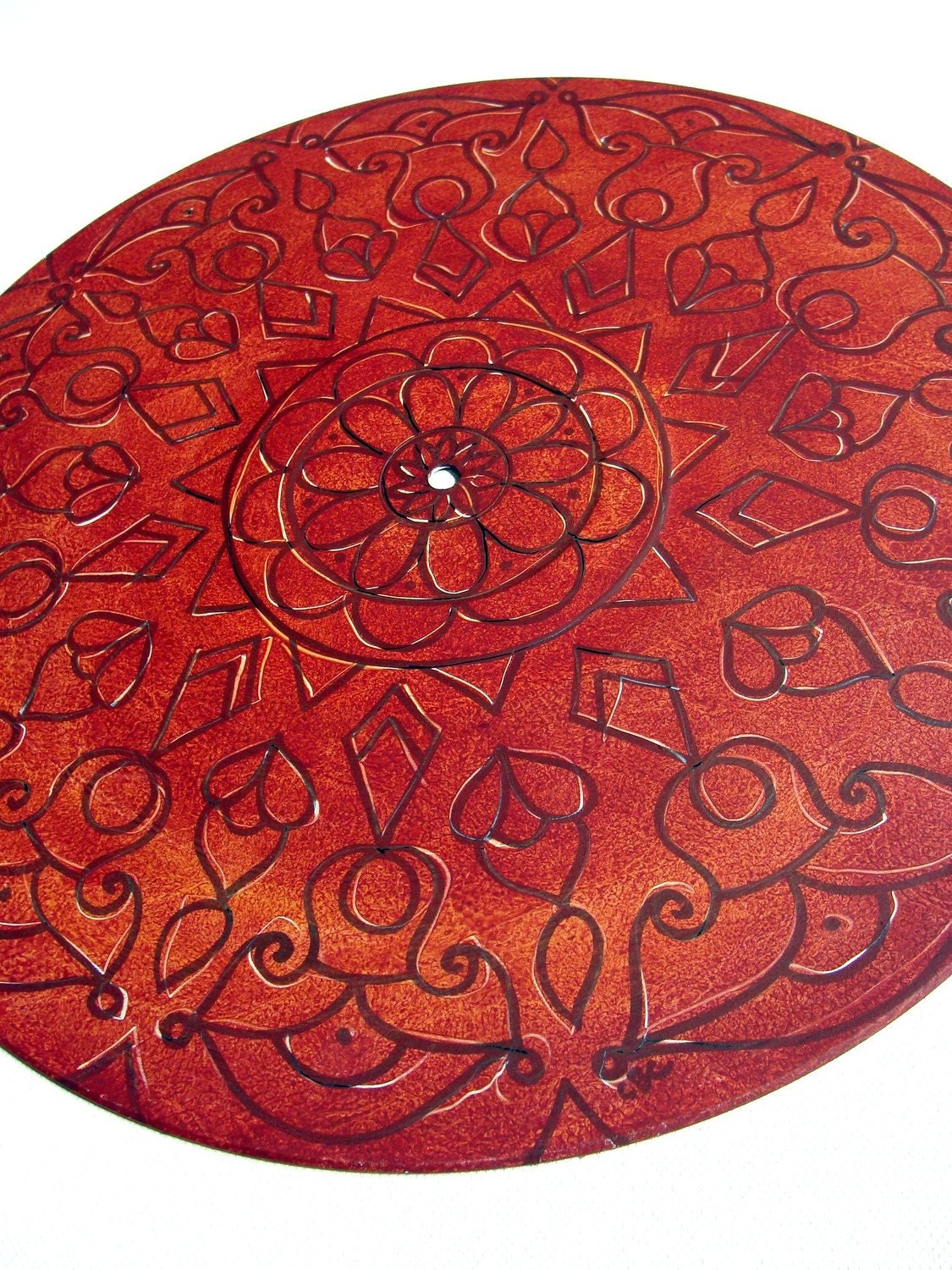 Mahogany Turntable Art. Mandala Painting on Vinyl Record.