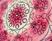 Cherry Cream Turntable Art. Mandala Painting on Vinyl Record. Original Geometric Design.  Hand Painted Bohemian Decor in Pink Cream and Red.