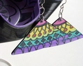 Carnival Earrings - Geometric Design Hand Painted in Yellow, Teal, Pink and Purple. Made From Recycled Records