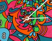Crazy Clock - Psychedelic Painting - Tribal Inspired Geometric Design - Made from Recycled Vinyl Record
