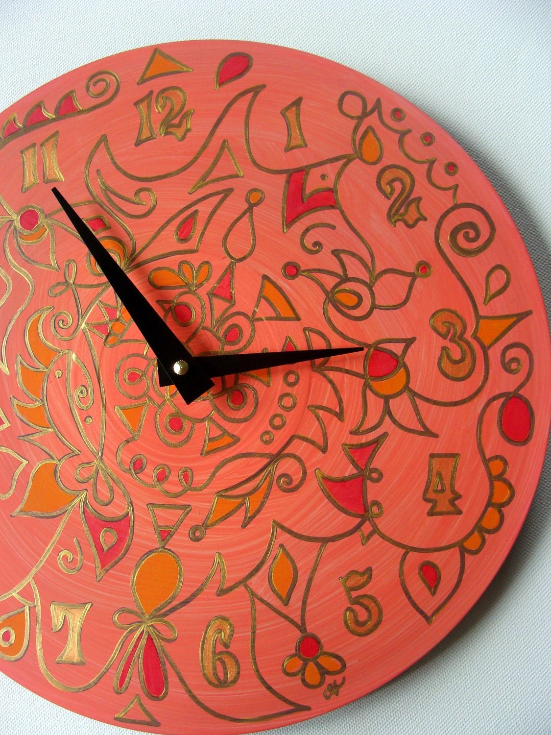 Tangerine Tango Clock - Psychedelic Geometric Original Mandala on Recycled Vinyl Record