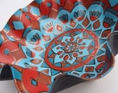 Hawaiian Wedding Mandala Record Bowl - Tribal Inspired Geometric Mandala in Turquoise / Teal / Aqua and Brown