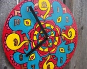 Mexico Mandala Record Clock - Tribal Inspired Geometric Design in Red, Yellow, Turquoise on Recycled Vinyl Record