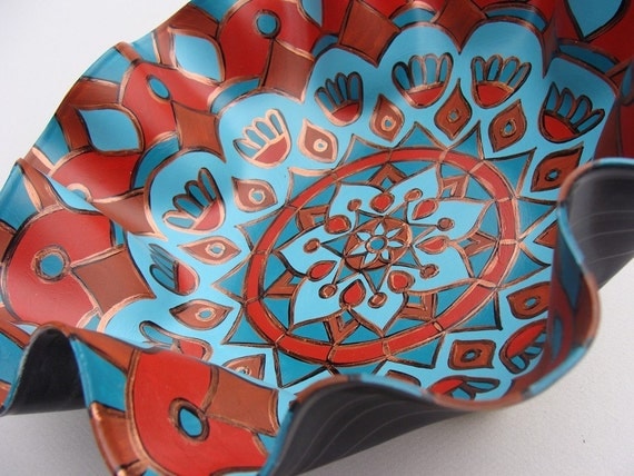 Hawaiian Wedding Mandala Record Bowl - Tribal Inspired Geometric Mandala in Turquoise / Teal / Aqua and Brown