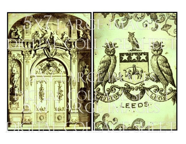 OLD WoRLD CHaRM aged stained antique paper 5x7 Digital Design Images U-PRINT collage sheet backgrounds shield crest oWLs crown banner ribbon stars vintage scrapbooking download altered art supplies handmade greeting cards craft hang tags zne effa sh.02