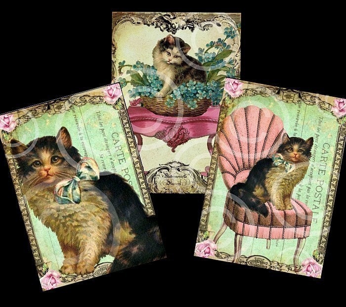 KiTTy CaT CoLLeCTioN DIGITAL CoLLaGe Sheet antique vintage paper scrapbooking atc supplies printable