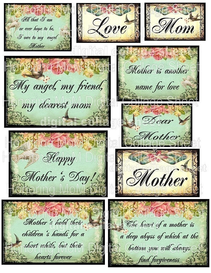 DeaR MoTHeR shabby pink roses digital collage sheet download inspirational quotes altered art scrapbooking paper supplies