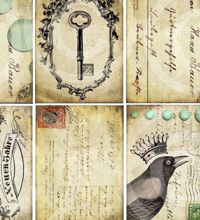 Set of 9 BlackBird CRoWN SKeLeToN KeY CiRCuS CaRNiVaL FeRRiS WHeeL atc aged stained backgrounds antique vintage paper original DIGITAL COLLAGE SHEET altered art hang tags handmade greeting card making supplies hang tags books journals scrapbooking sh1a