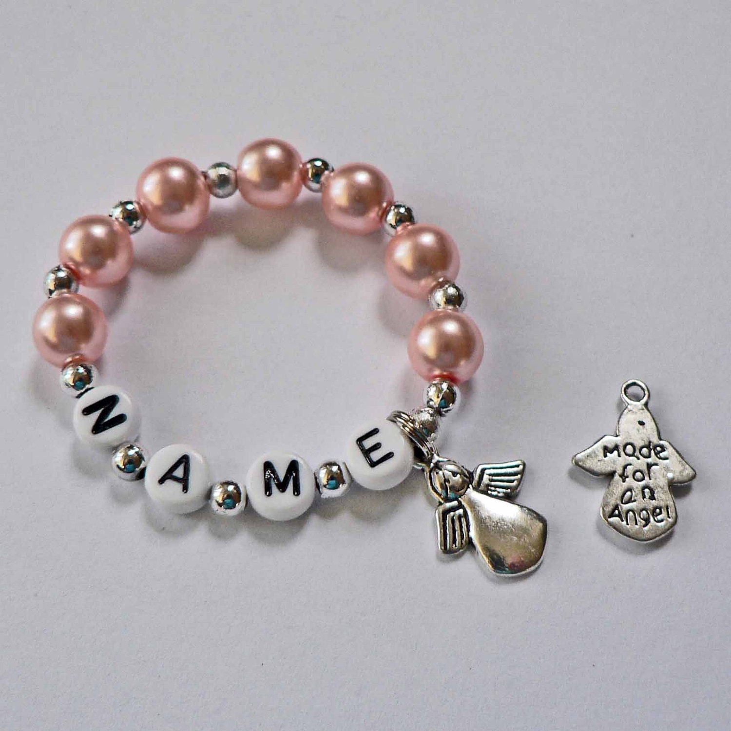 Newborn Keepsake Angel Baby Memory Bracelet Personalized Name Bracelet Pink Pearl Children's Infant Baby Toddler Child Kids Stocking Stuffer