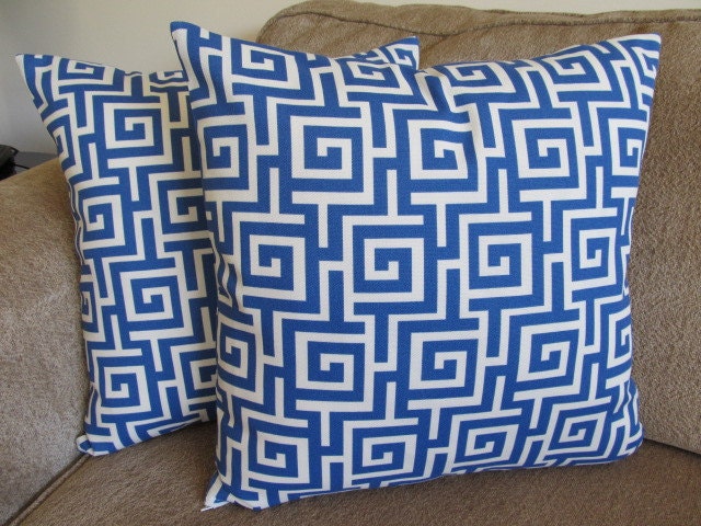 One Greek Maze Designer Blue and Cream 18 X 18 Pillow Cover