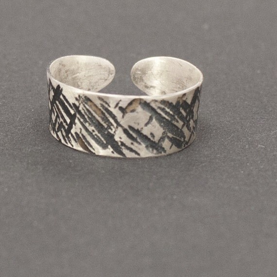 Toe Ring Cross Hatch Silver Sterling Adjustable Cuff Style Linen Texture Toering
