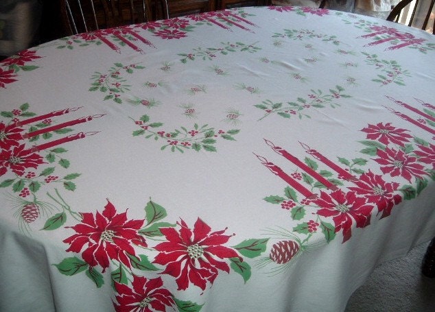 VINTAGE CHRISTMAS TABLECLOTH POINSETTAS BURGUNDY RED LARGE