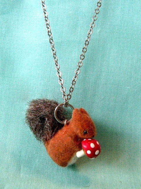 miniature brown squirrel pendant with mushroom