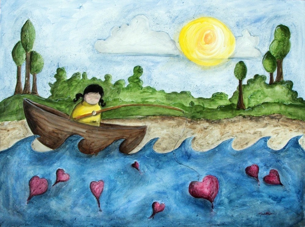 This Is What I Was Meant To Do 8x10 Art Print surreal girl in boat fishing for hearts of men