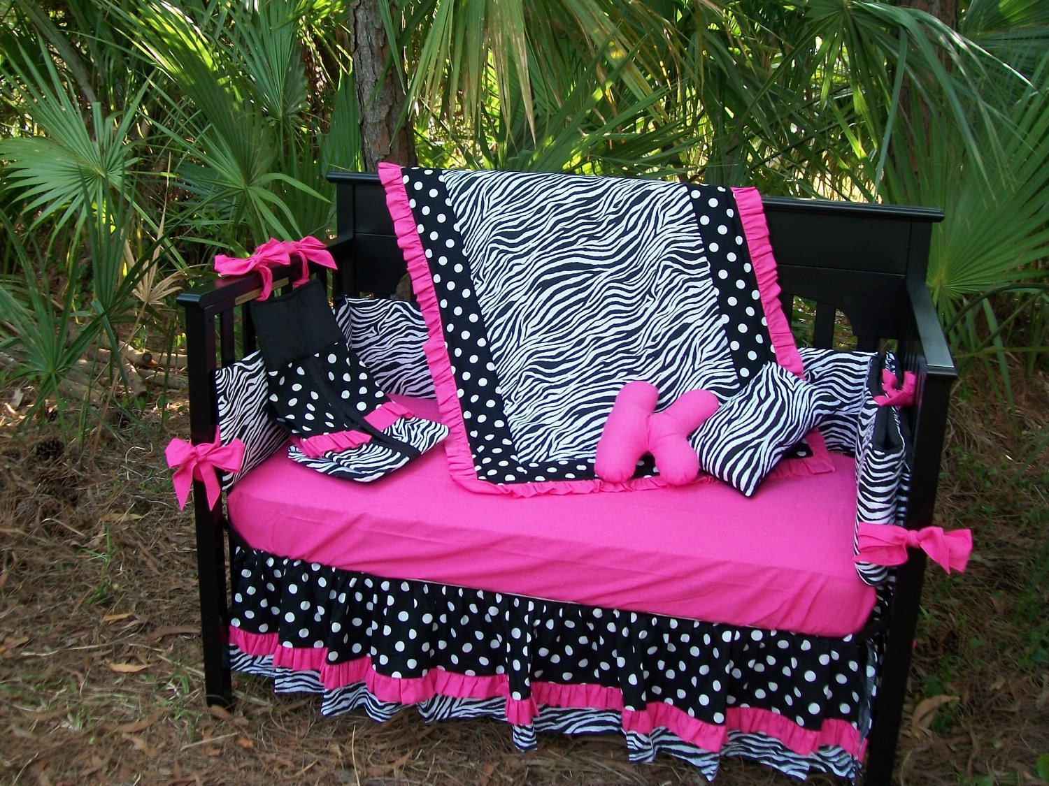 New Black White Polka Dot Zebra and Hot Pink fabrics Crib Bedding Set