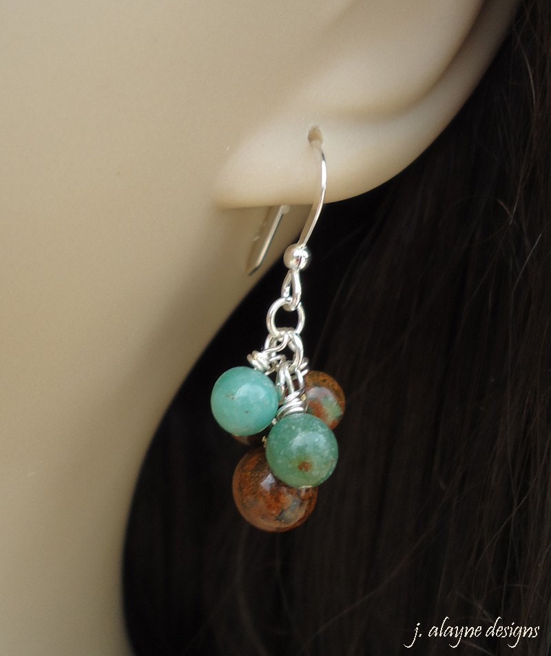 Green Opal, African Jade & Sterling Silver Cluster Earrings