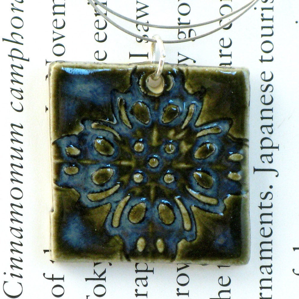 Blue Ceramic Pendant with wire necklace