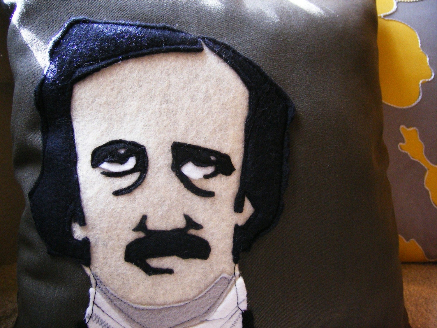Edgar Allan Poe Decorative Pillow - On Gray Fabric - Halloween Decor