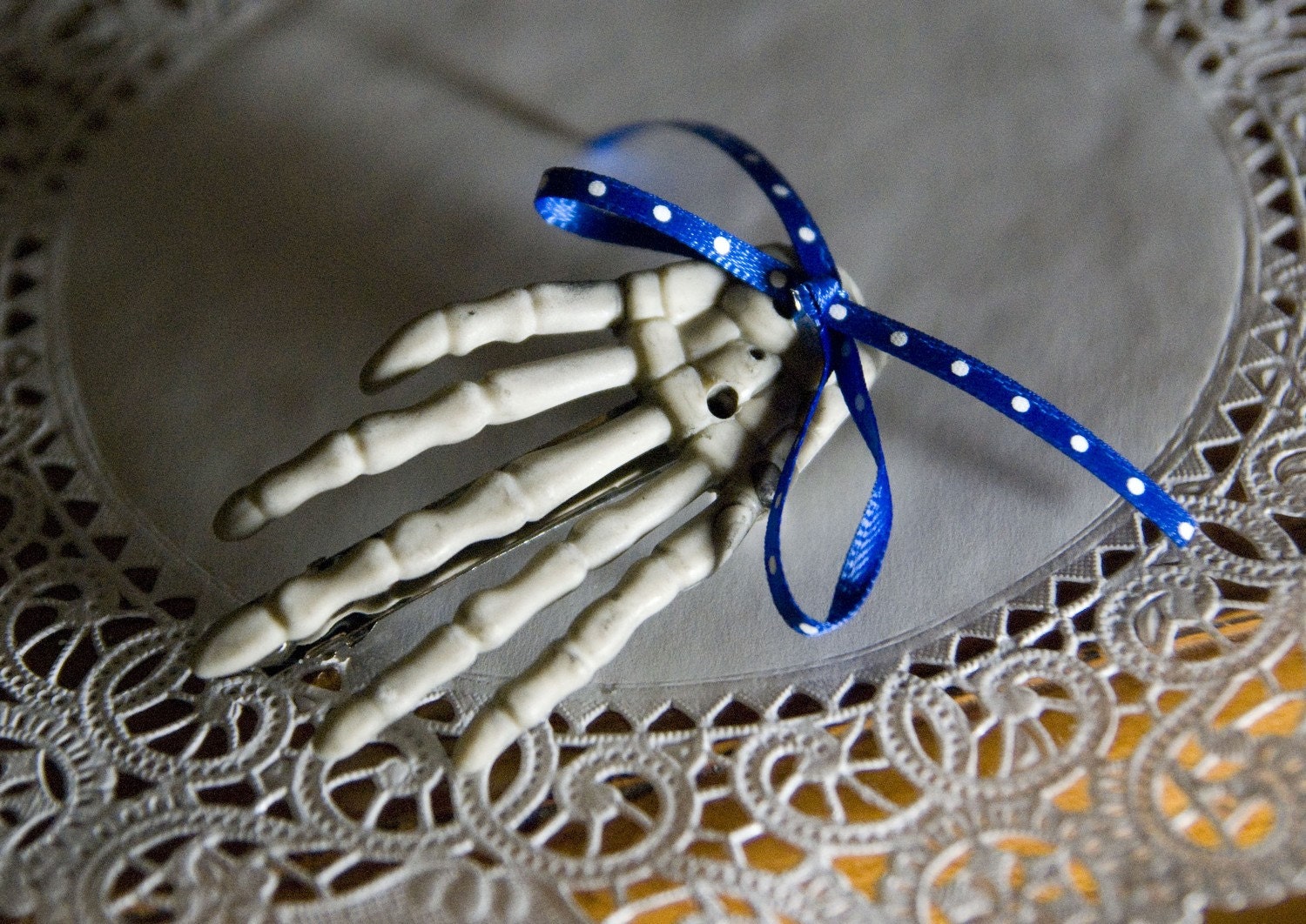 Single Skeleton Hand Creepy Hair Barrette Clip with Ribbon Bow