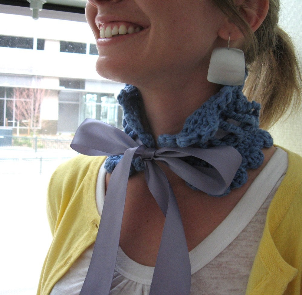 Sky Blue with Plum Ribbon Victorian Crocheted Neck Cowl - SALE