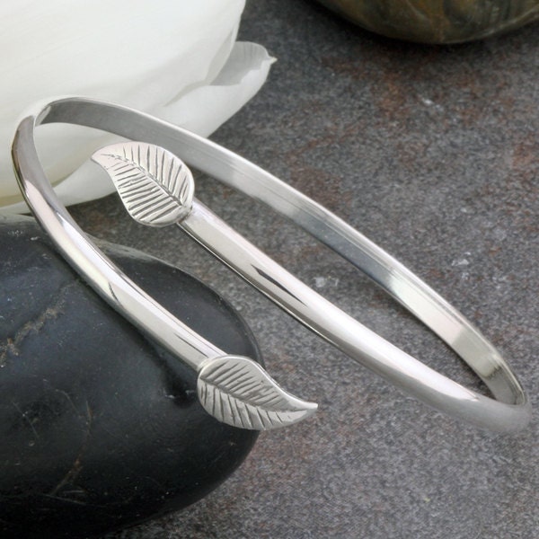 Sterling Silver Bangle Bracelet with Leaf Accents