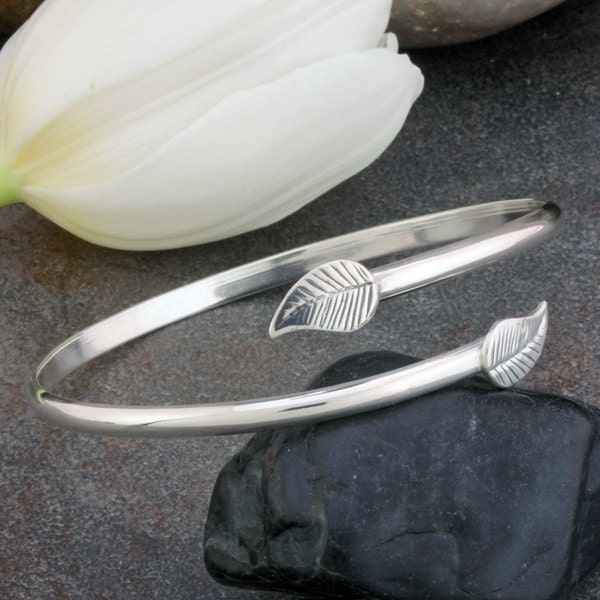 Sterling Silver Bangle Bracelet with Leaf Accents