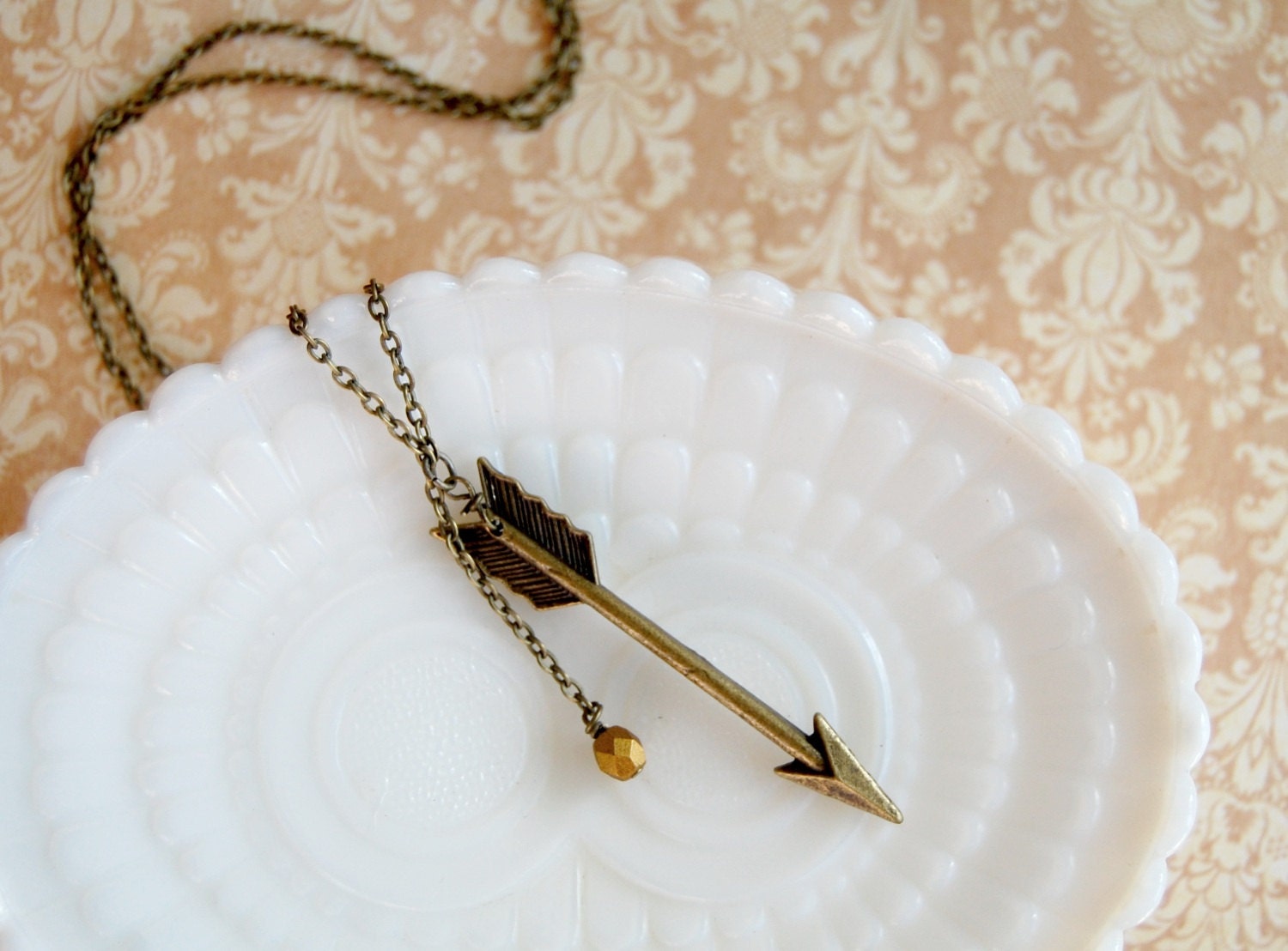 arrow lariat necklace-aged brass with bronze glass accent-long and vintage inspired