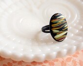 Abstract tribal stripes cocktail ring - adjustable aged brass setting - safari hue