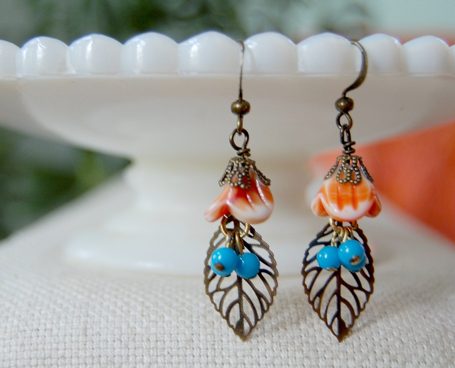 SALE tribal autumn leaf dangles with vintage beads- orange and teal- native american