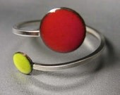 Ready to Ship: Orbit Enamel Ring, Geranium Red and Chartreuse Green, Adjustable Size, Kiln-fired Glass Enamel and Sterling Silver