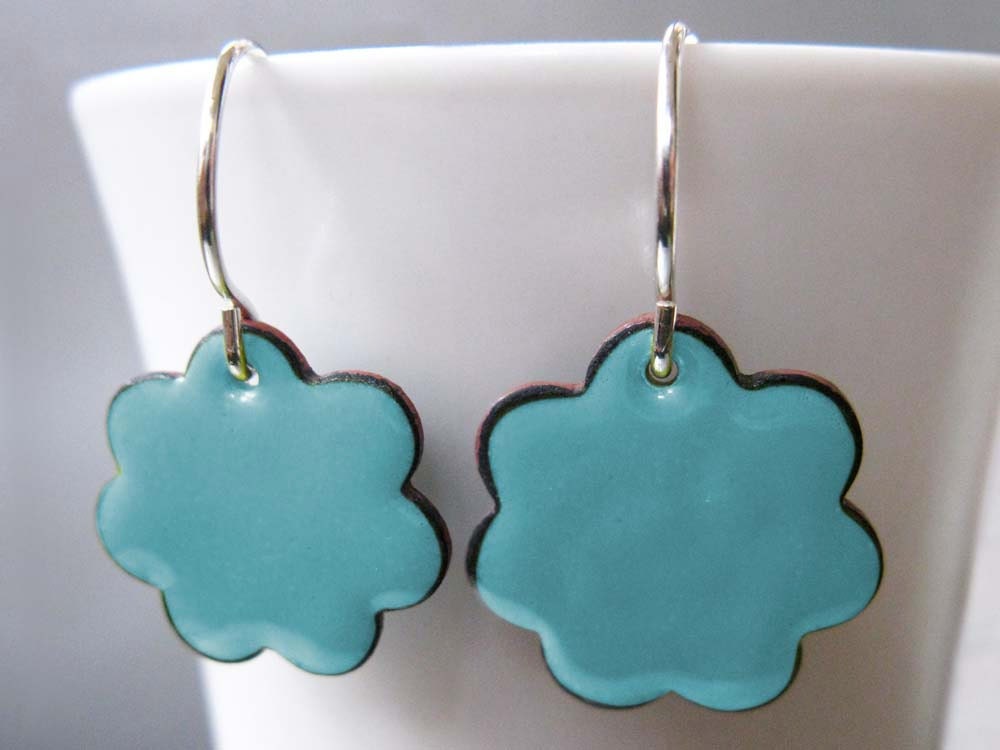 Ready to Ship: Blossom Enamel Earrings, Sky Blue Kiln Fired Glass Enamel and Sterling Silver