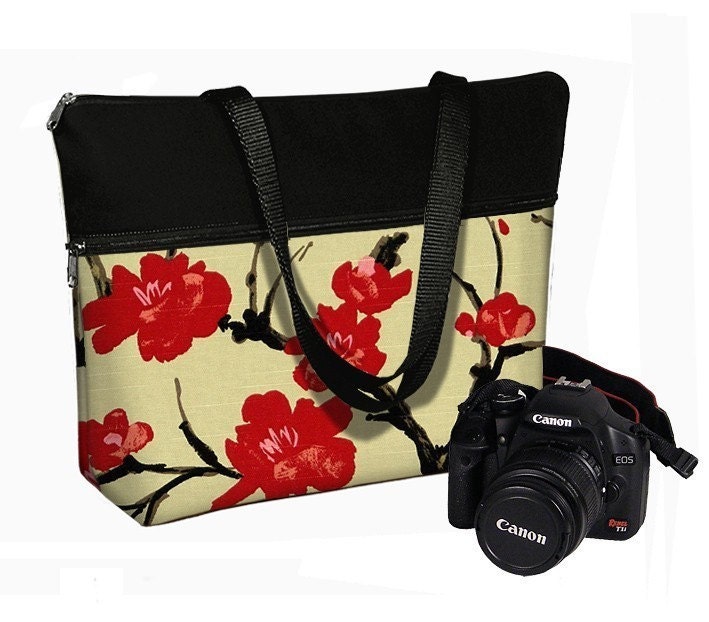 SALE Womens Camera Tote Bag Dslr Camera Bag Slr Camera Bag Purse Padded Zipper  Asian Cherry Blossom (RTS)