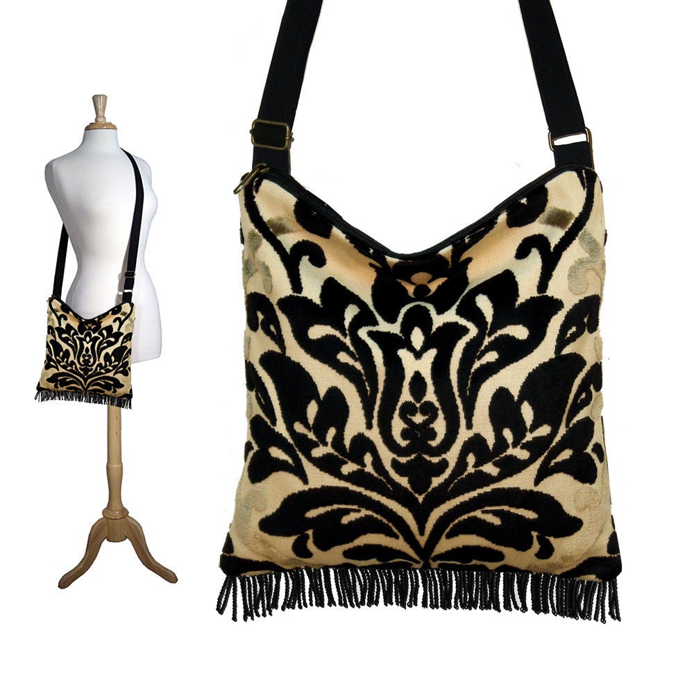Bohemian Gypsy Fringe Bag Purse with adjustable strap - Tapestry Chenille Medallion (RTS)