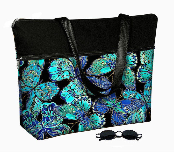 17 inch Laptop Bag with Straps / Laptop Tote Bag / 17" Laptop Case / Padded / Zippered Top  Butterfly blue green purple