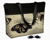 17 inch Laptop Bag with Straps / Laptop Tote Bag / 17" Laptop Case / Padded / Zippered Top  - Vintage Butterfly black neutral