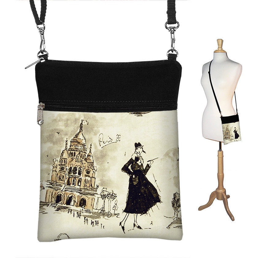 Small Cross Body Purse Sling Bag Shoulder Purse handbag Fits eReaders Paris Eiffel Tower Black White (RTS)