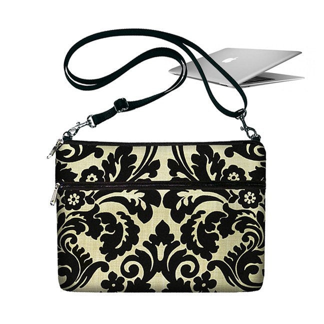 CLEARANCE 11 inch MacBook Air Sleeve Bag Case Crossbody Shoulder Bag Zipper Padded Black - Essence Damask (RTS)