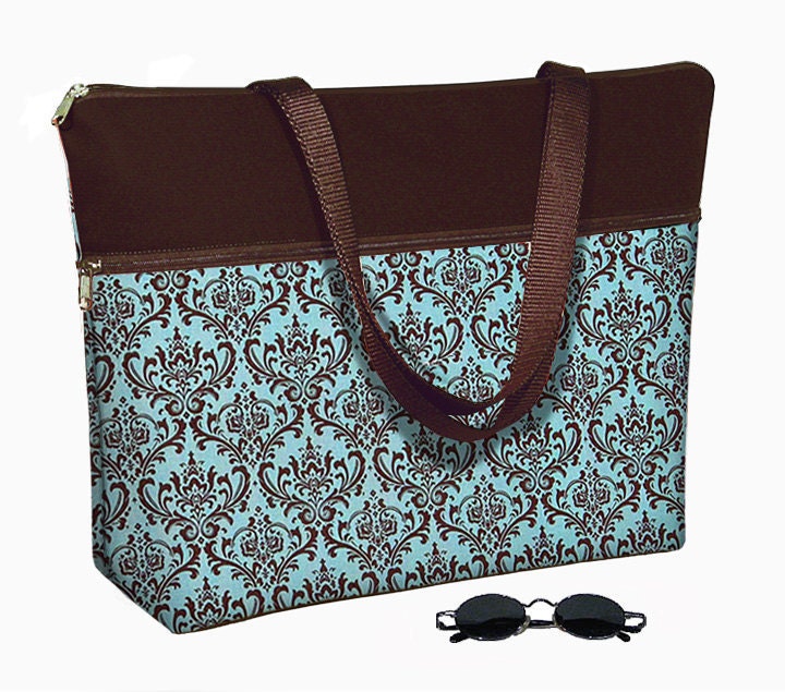 Laptop Tote Bag padded case fits up to 17 inch PC - Madison Damask blue brown - In Stock