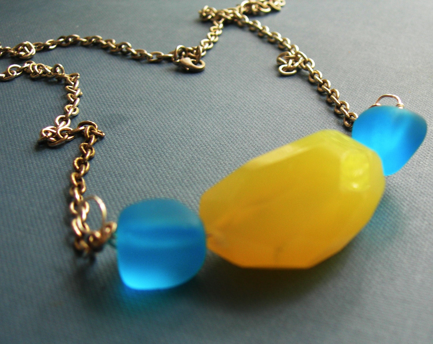 Splendor Necklace - Yellow Chalcedony and Blue Beads Wirewrapped Modern Necklace