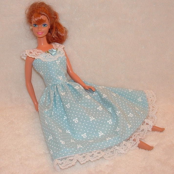 Barbie Clothes Handmade Blue Tea Length dress with tiny bows and lace