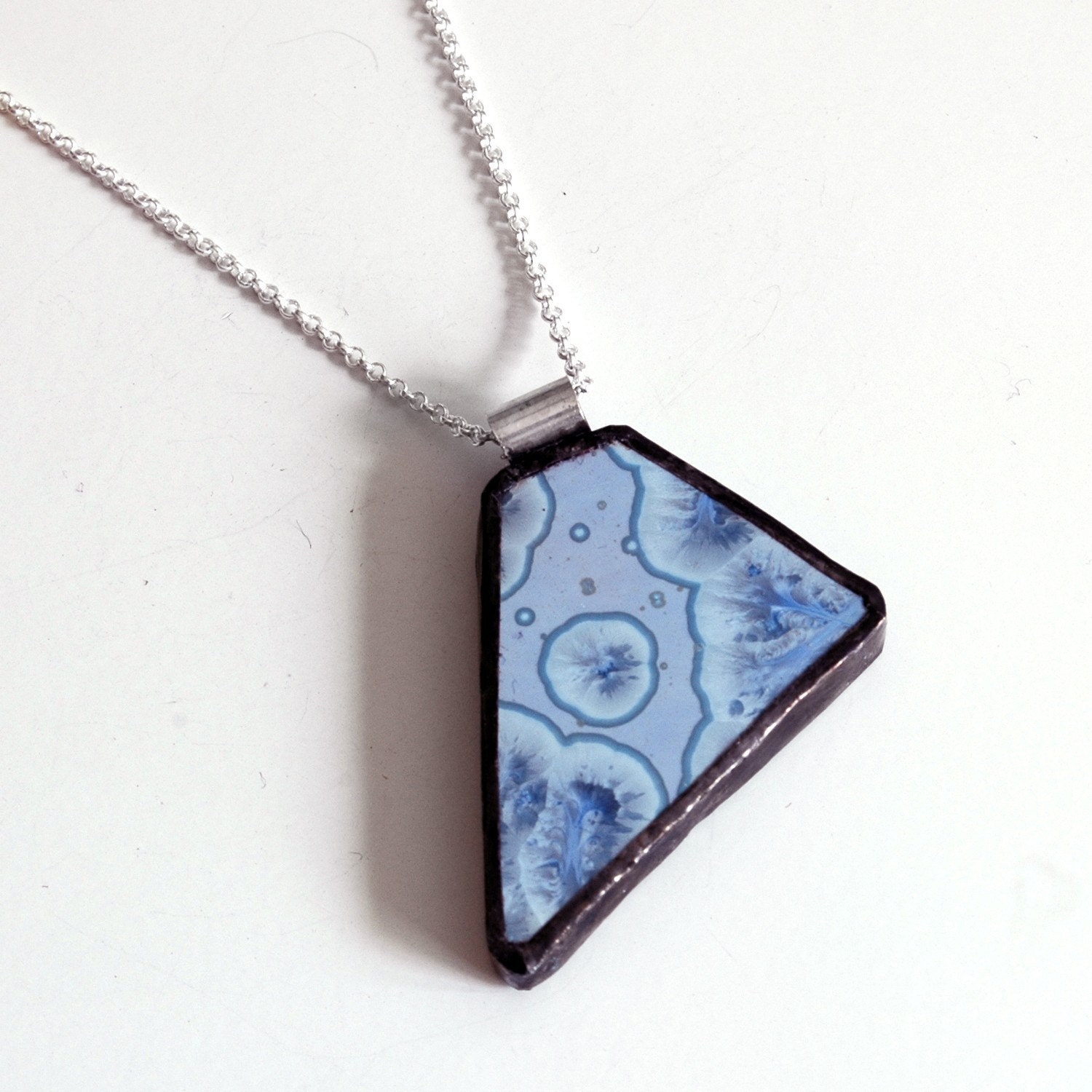 Broken Plate Pendant on Chain - Blue Recycled Bathroom Tile