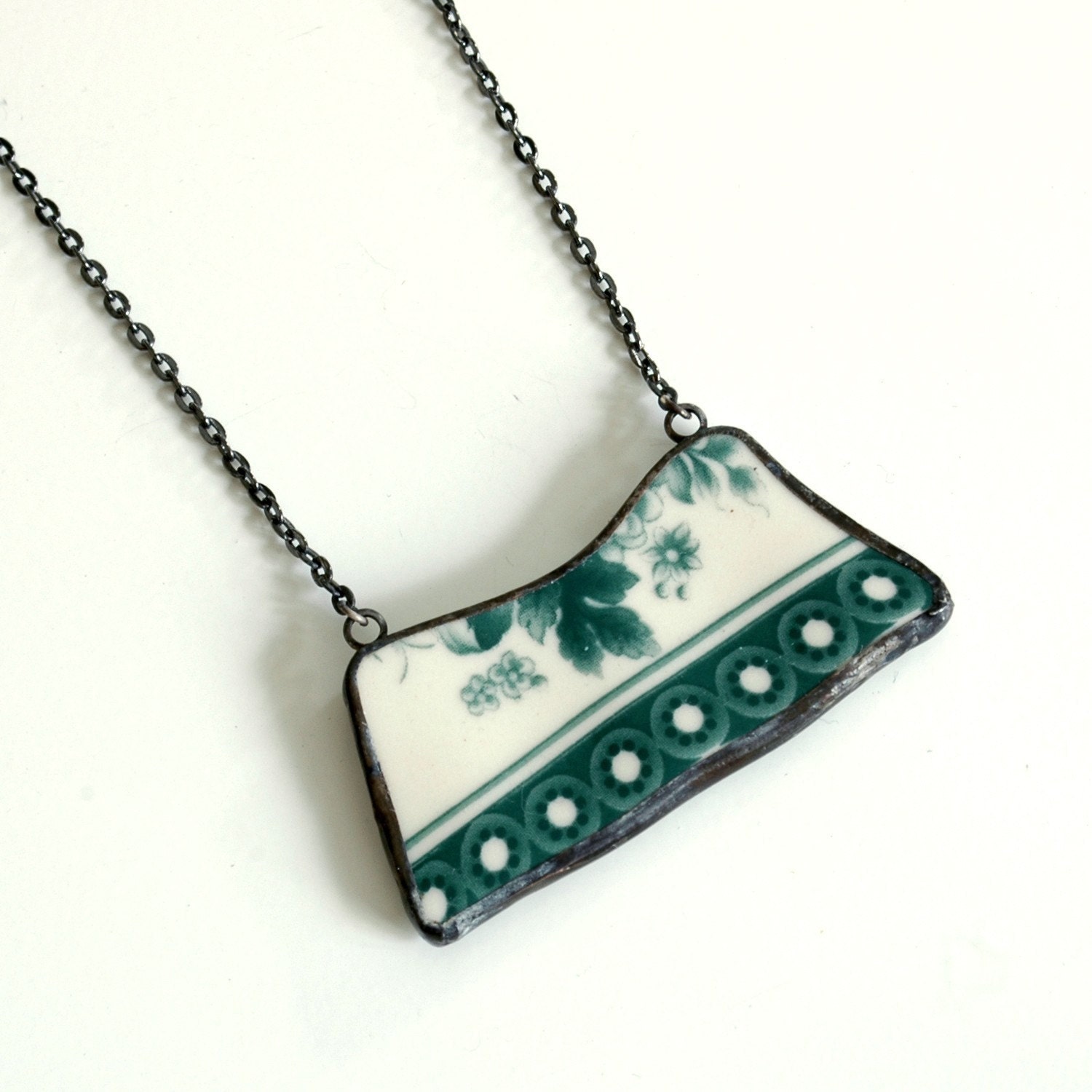 Wide Broken Plate Necklace - Green Transferware - Recycled China