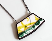 Wide Broken Plate Necklace - Green Scalloped Plaid - Recycled China