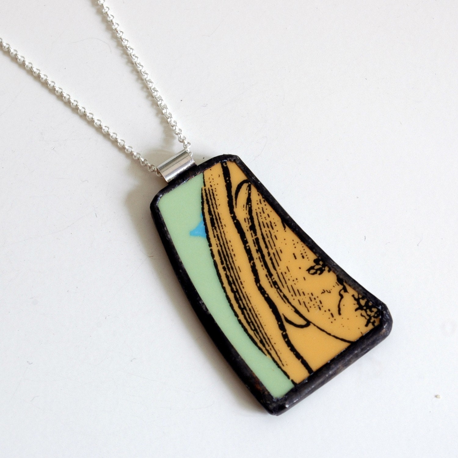 Broken Plate Pendant on Chain - Yellow Black and Green - Recycled China