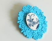 French Brocade Recycled China Brooch - Blue Onion