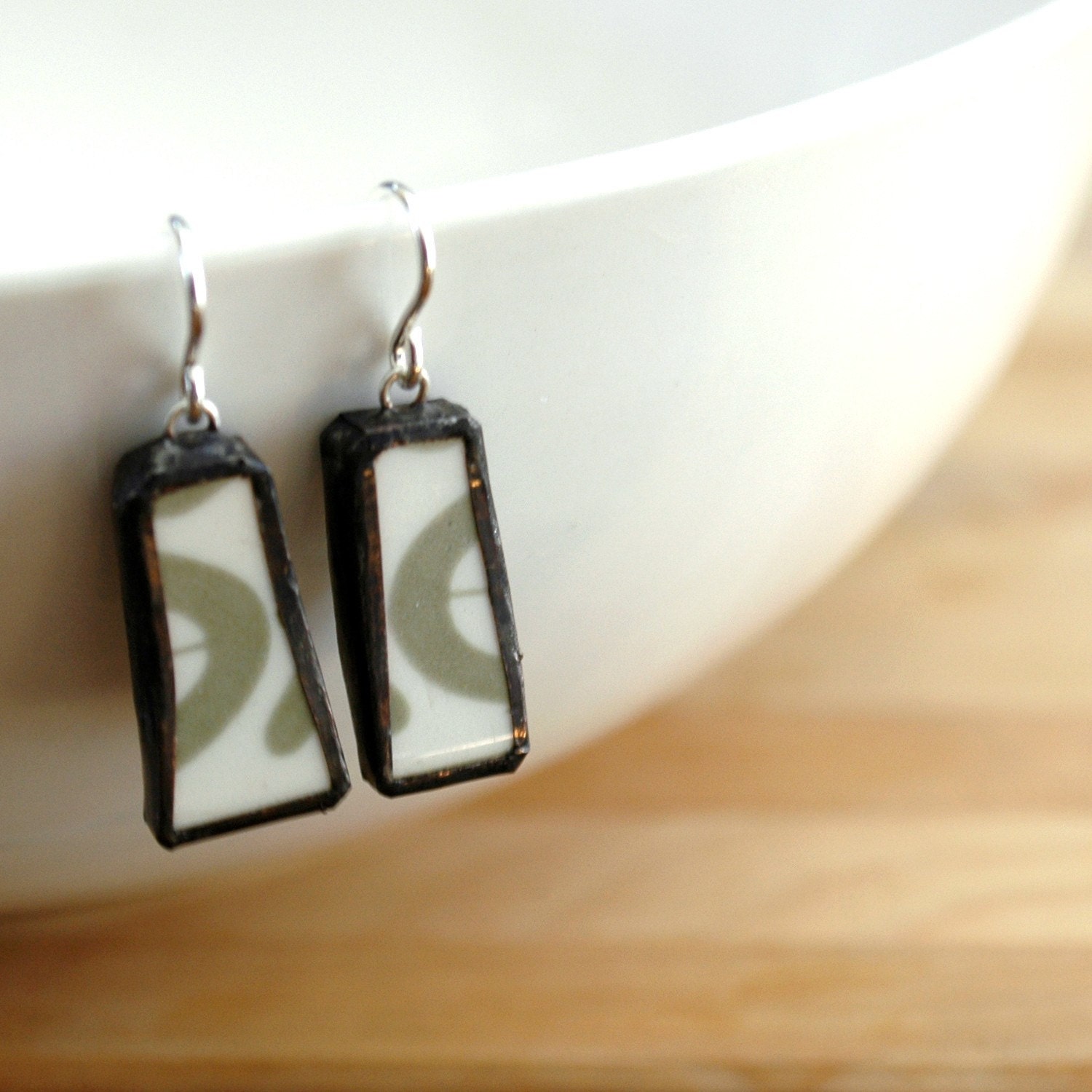 Broken Plate Earrings - Olive Green Pattern Modern - Recycled China