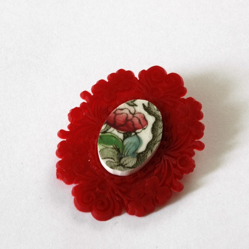 Red Floral French Brocade Recycled Plate Brooch - Recycled China