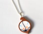 Simple Circle Mahogany Bird Recycled China Necklace - Coral Blue and Black Modern