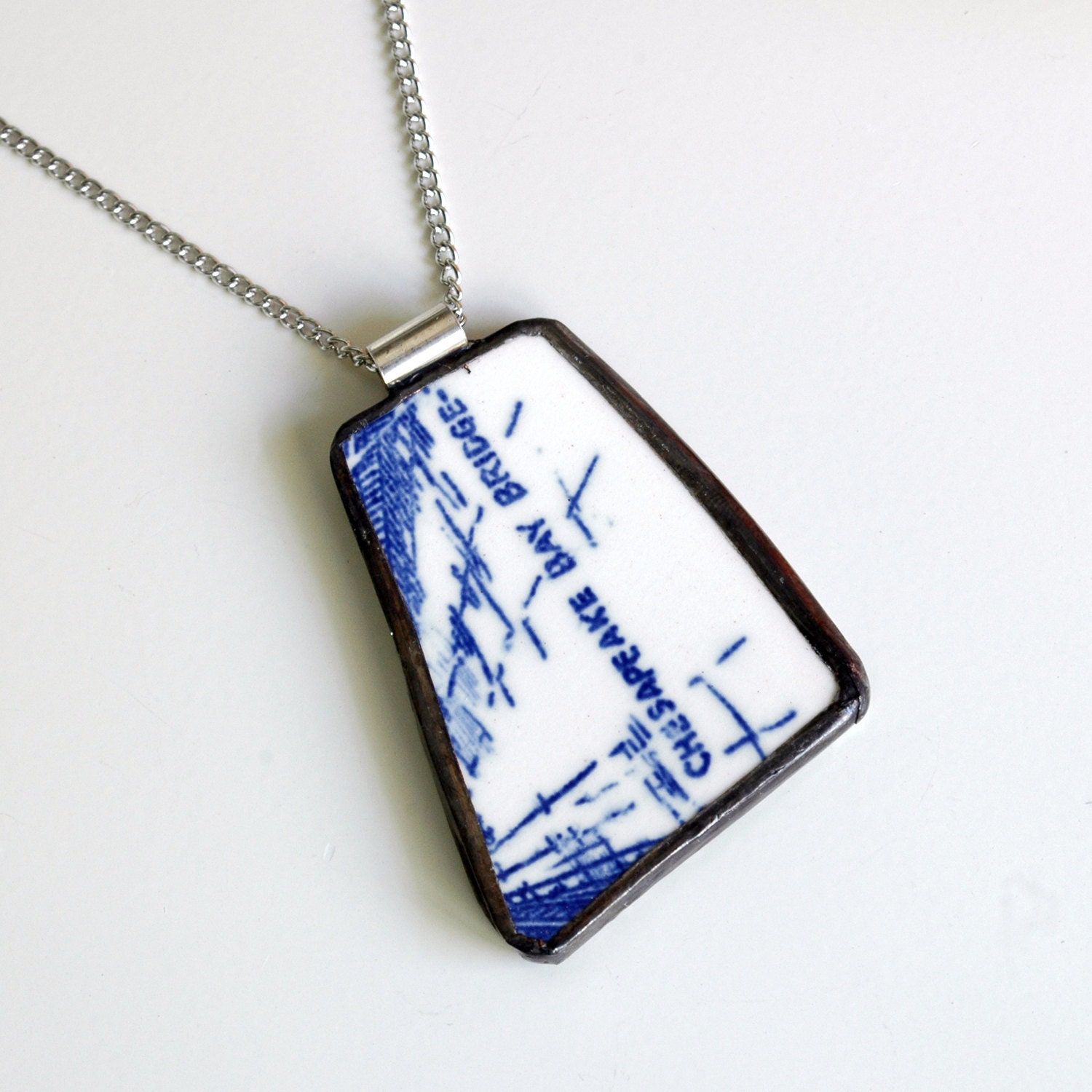 Broken Plate Pendant on Chain - Chesapeake Bay Bridge - Recycled China